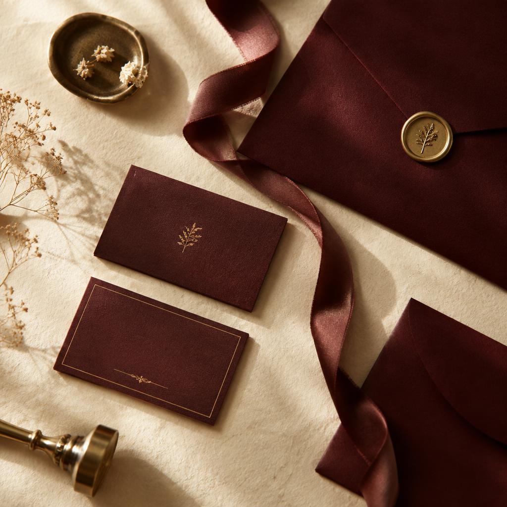 Brand flat lay with business cards, envelopes and wax seal